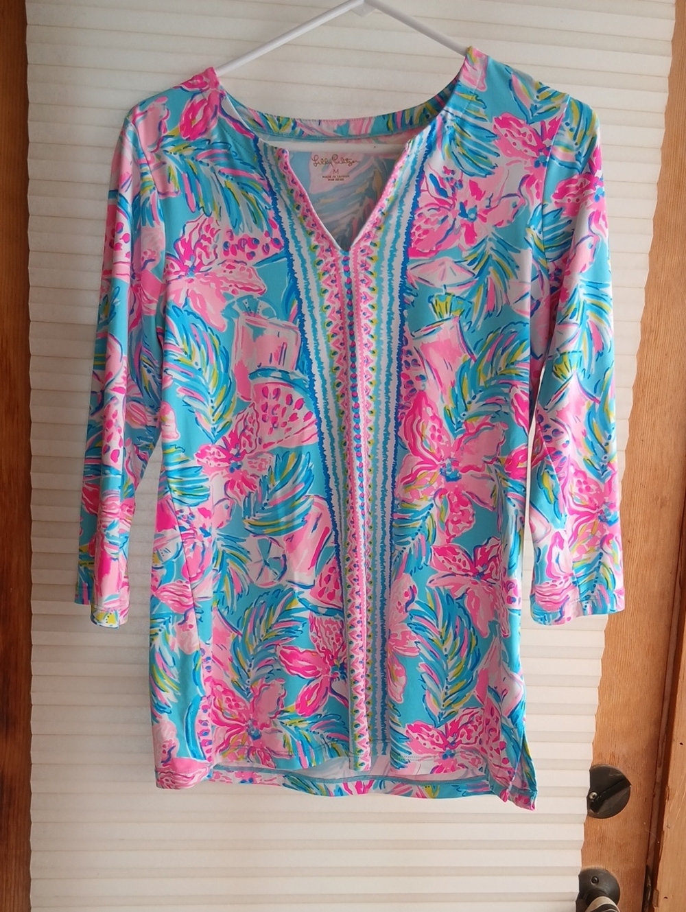 Lilly Pulitzer Pink & Aqua Floral Embroidered V-Neck Tunic